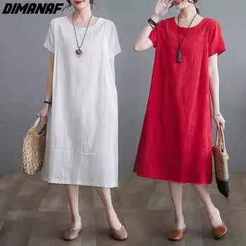 DIMANAF 2024 летнее платье больших размеров женское свободное платье винтажное однотонное повседневное жаккардовое кружевное платье с коротким рукавом M белый