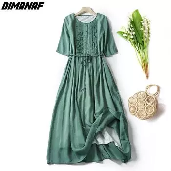 DIMANAF 2024 летнее платье больших размеров женское свободное плиссированное платье винтажное повседневное хлопково-льняное женское длинное платье