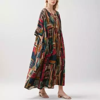 Dimanaf 2024 летнее платье больших размеров, винтажное женское платье Vestidos, пляжный сарафан, длинное платье с принтом, свободный хлопок, оверсайз