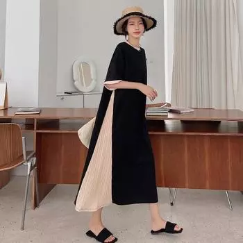 DIMANAF 2024, летнее платье-футболка больших размеров, женское свободное винтажное хлопковое повседневное платье с короткими рукавами и длинным искусственным платьем из двух частей