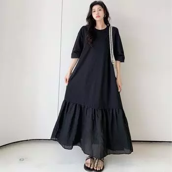 DIMANAF 2024, летнее платье-футболка больших размеров, женское модное однотонное хлопковое свободное платье с круглым вырезом, длинное черное платье с половиной рукава