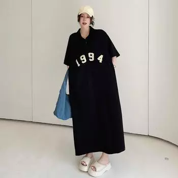 DIMANAF 2024, летнее платье-футболка больших размеров, женское свободное винтажное хлопковое поло-поло, повседневное черное длинное платье с короткими рукавами и принтом с разрезом