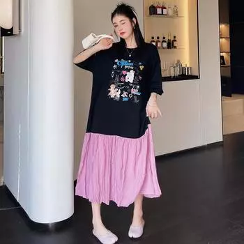 DIMANAF 2024, летнее платье-футболка больших размеров, женское свободное платье из сращенного хлопка, пляжное повседневное женское платье с мультяшным принтом, о-образным вырезом