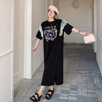 DIMANAF 2024, летнее платье-футболка больших размеров, женское хлопковое платье с круглым вырезом, повседневное женское платье с кружевным принтом, свободное платье с коротким рукавом и длинным разрезом
