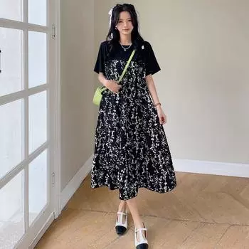 DIMANAF 2024, летнее платье-футболка больших размеров, женское свободное платье из сращенного хлопка, повседневное женское платье из двух предметов с цветочным принтом