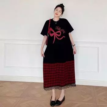 DIMANAF 2024, летнее платье-футболка больших размеров, женское хлопковое платье с круглым вырезом, повседневное женское свободное платье в клетку с кружевным принтом и длинным рукавом с короткими рукавами