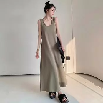 DIMANAF 2024, летнее платье-футболка больших размеров, женское свободное базовое винтажное хлопковое платье с круглым вырезом, повседневное однотонное длинное платье без рукавов