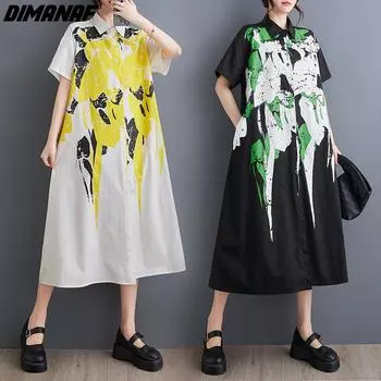DIMANAF 2024, летнее платье-рубашка больших размеров, женские свободные повседневные длинные платья с принтом на пуговицах, хлопок