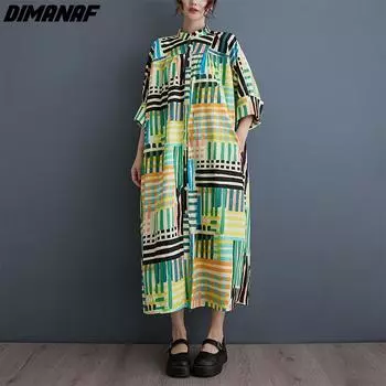 DIMANAF 2024, летнее платье-рубашка больших размеров, женская свободная футболка, женские длинные платья в полоску с принтом, повседневное пляжное платье макси
