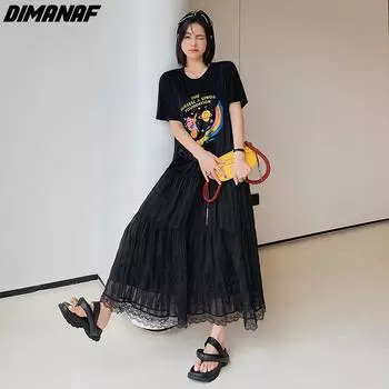 DIMANAF 2024, летнее платье-рубашка больших размеров, женское кружевное черное модное хлопковое повседневное свободное плиссированное длинное платье с принтом