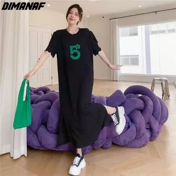 DIMANAF 2024, летнее платье-рубашка больших размеров, женское хлопковое длинное платье с круглым вырезом и вышивкой, повседневное свободное платье с коротким рукавом, черное