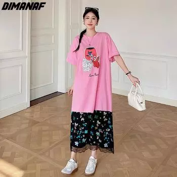 DIMANAF 2024, летнее платье-рубашка больших размеров, женское шифоновое свободное платье с цветочным принтом, кружево, хлопок, повседневное длинное платье