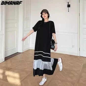 DIMANAF 2024, летнее платье-рубашка больших размеров, женское элегантное хлопковое свободное платье, повседневное плиссированное длинное платье с короткими рукавами, черное XL чёрный