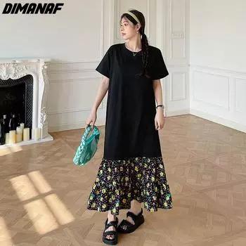 DIMANAF 2024, летнее платье-рубашка больших размеров, женское хлопковое черное свободное платье с цветочным принтом, повседневное длинное платье с коротким рукавом