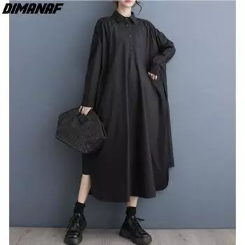 DIMANAF 2024, летнее платье-рубашка больших размеров, женское хлопковое свободное платье с длинными рукавами, повседневные женские платья с вырезами