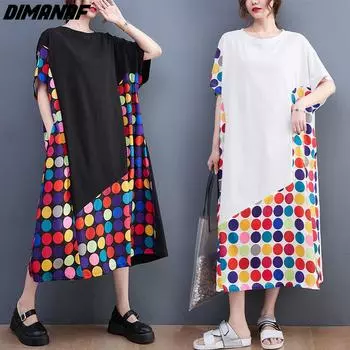 DIMANAF 2024, летнее платье-рубашка больших размеров, женские повседневные модные свободные женские хлопковые длинные платья с круглым вырезом и точечным принтом