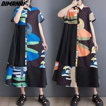 DIMANAF 2024, летнее платье-рубашка больших размеров, свободное платье, женская повседневная футболка на пуговицах, модные длинные платья с женским принтом