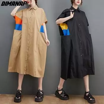 DIMANAF 2024, летнее платье-рубашка больших размеров, новая женская повседневная футболка, базовый дизайн, женские длинные свободные платья из хлопка