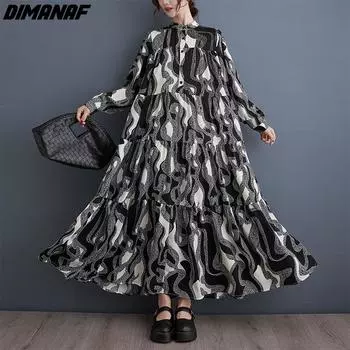 DIMANAF 2024, летнее платье-рубашка больших размеров, женское свободное элегантное женское длинное платье, повседневное модное черное платье в полоску с принтом