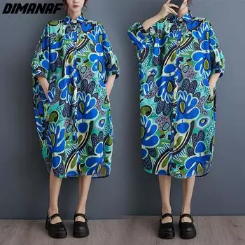 DIMANAF 2024, летнее платье-рубашка больших размеров, женская свободная футболка, пляжное праздничное женское длинное платье, повседневное модное платье с принтом