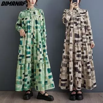 DIMANAF 2024, летнее платье-рубашка больших размеров, женское свободное пляжное модное женское длинное платье, повседневное клетчатое платье с принтом