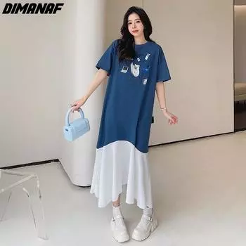 DIMANAF 2024, летнее платье-рубашка больших размеров, женское модное хлопковое шифоновое повседневное платье с круглым вырезом с коротким рукавом, свободное длинное платье