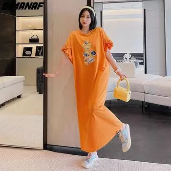 DIMANAF 2024, летнее платье-рубашка больших размеров, женское с круглым вырезом, модное хлопковое повседневное платье с коротким рукавом, свободное длинное платье макси