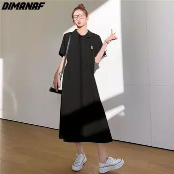 DIMANAF 2024, летнее платье-рубашка больших размеров, женское длинное платье, повседневное свободное однотонное хлопковое модное базовое платье с коротким рукавом