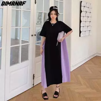 DIMANAF 2024, летнее платье-рубашка больших размеров, женское элегантное хлопковое свободное платье, повседневное плиссированное длинное платье с короткими рукавами