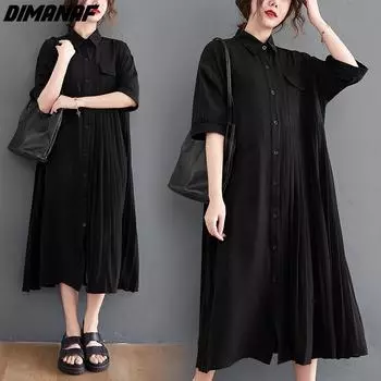 DIMANAF 2024, летнее платье-рубашка больших размеров, новые женские свободные повседневные винтажные дизайнерские женские длинные однотонные платья черного цвета