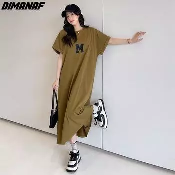 DIMANAF 2024, летнее платье-рубашка больших размеров, женское модное хлопковое длинное платье с круглым вырезом, повседневное свободное базовое платье