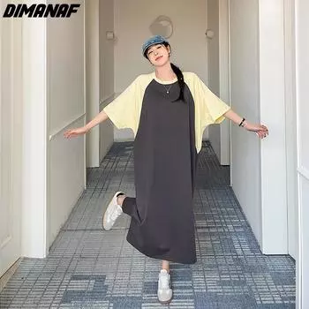 DIMANAF 2024, летнее платье-рубашка больших размеров, женское хлопковое свободное платье с круглым вырезом, повседневное длинное платье с рукавами «летучая мышь»