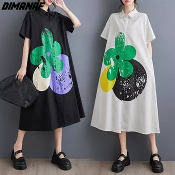 DIMANAF 2024, летнее платье-рубашка больших размеров, женские свободные базовые хлопковые повседневные футболки с цветочным принтом, модные женские длинные платья