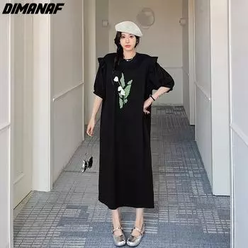 DIMANAF 2024, летнее платье-рубашка больших размеров, женское хлопковое платье с круглым вырезом, повседневное свободное длинное платье с короткими рукавами и принтом, черное
