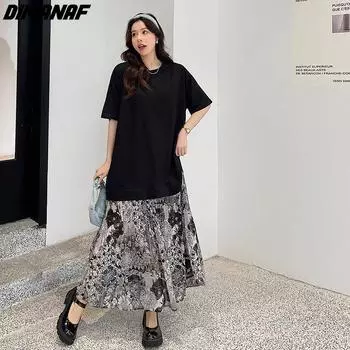 DIMANAF 2024, летнее платье-рубашка больших размеров, женское шифоновое хлопковое платье с принтом, черное свободное повседневное платье, длинное платье