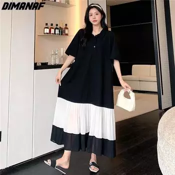 DIMANAF 2024, летнее платье-рубашка больших размеров, женское длинное платье, повседневное свободное платье-поло, хлопковое базовое плиссированное платье черного цвета XL чёрный