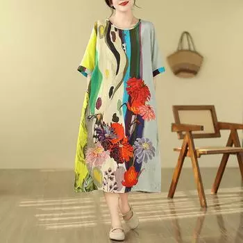 DIMANAF 2024 летнее платье-рубашка больших размеров женское свободное платье с цветочным принтом и круглым вырезом с коротким рукавом повседневные винтажные платья
