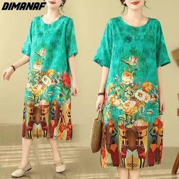 DIMANAF 2024 летнее платье-рубашка больших размеров женское свободное платье с цветочным принтом и круглым вырезом с коротким рукавом повседневное винтажное женское платье