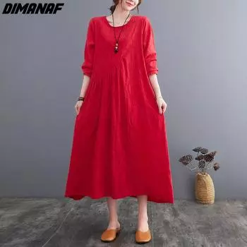 DIMANAF 2024, летнее плиссированное платье больших размеров, женское однотонное свободное платье с длинными рукавами, винтажные жаккардовые повседневные платья M белый