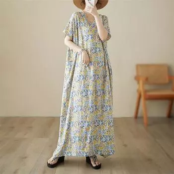 DIMANAF 2024, летнее пляжное длинное платье больших размеров, женское платье с v-образным вырезом и цветочным принтом, праздничное модное повседневное свободное платье с короткими рукавами 679 One Size