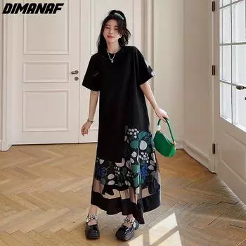 DIMANAF 2024, летнее пляжное платье больших размеров, женское шифоновое платье с цветочным принтом, модное хлопковое повседневное свободное длинное платье с короткими рукавами