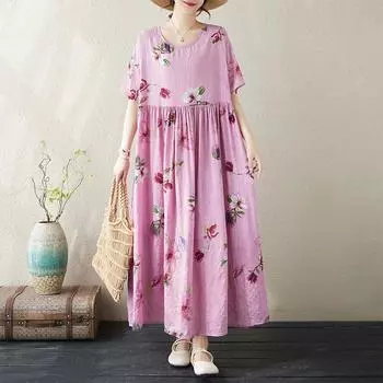 DIMANAF 2024 Летнее женское базовое длинное богемное платье больших размеров с цветочным принтом, новые свободные винтажные платья больших размеров One Size розовый