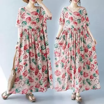 DIMANAF 2024 Летнее женское богемное свободное платье больших размеров в винтажном стиле, базовые длинные платья с цветочным принтом, новинка One Size красный