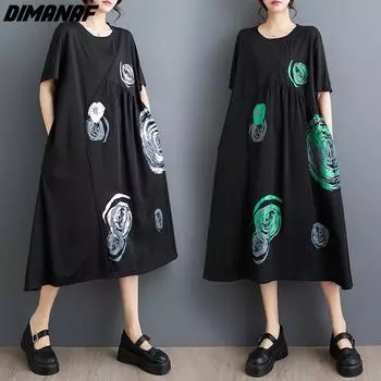 DIMANAF 2024, летнее женское платье больших размеров, свободное повседневное хлопковое винтажное женское длинное платье с круглым вырезом, черное