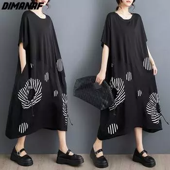 DIMANAF 2024 Летнее женское платье больших размеров свободного кроя в повседневном стиле длинное платье из хлопка женские винтажные платья черного цвета