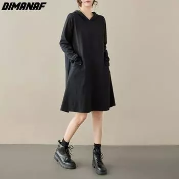 DIMANAF 2024 Летнее женское платье больших размеров с длинным рукавом, однотонное черное платье с капюшоном, свободные повседневные хлопковые платья с карманами