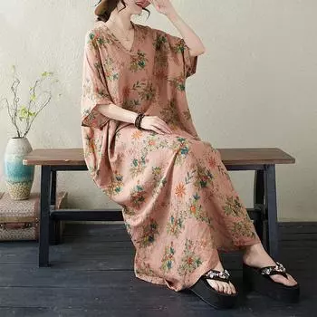 DIMANAF 2024, летнее женское пляжное платье больших размеров, базовое праздничное свободное льняное винтажное длинное платье с цветочным принтом One Size коричневый