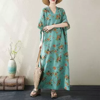 DIMANAF 2024, летнее женское пляжное платье больших размеров, базовое праздничное свободное платье с цветочным принтом, винтажные длинные платья One Size зелёный