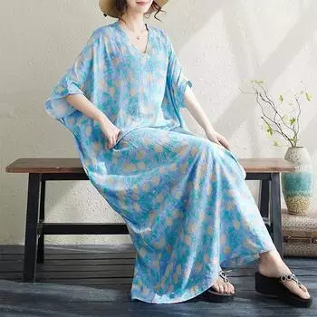 DIMANAF 2024 Летнее женское пляжное платье больших размеров с цветочным принтом, свободные стильные винтажные длинные праздничные платья One Size синий