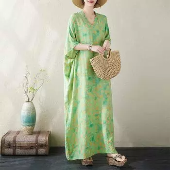 DIMANAF 2024 Летнее женское пляжное праздничное платье больших размеров с цветочным принтом, свободные стильные винтажные длинные платья One Size зелёный